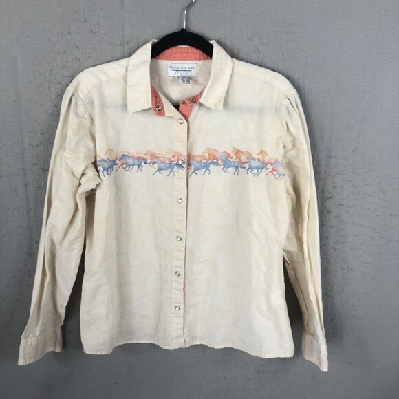 Wrangler Blues Top Womens Large Yellow Running Horses Pearl Snaps Cowboy Core - Picture 1 of 16